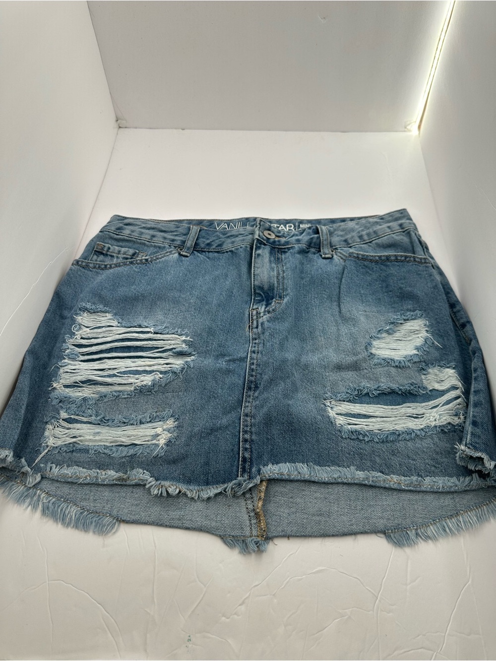 Vanilla Star Ripped Light Blue Denim Mini Skirt Size 11